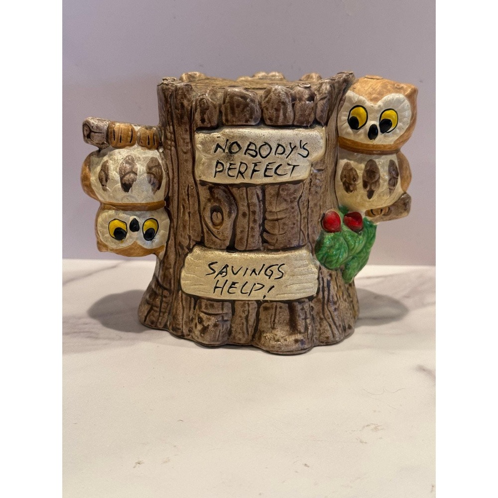 Vintage Enesco Ceramic Owl Tree Stump Coin Bank - Nobody's Perfect Savings Help